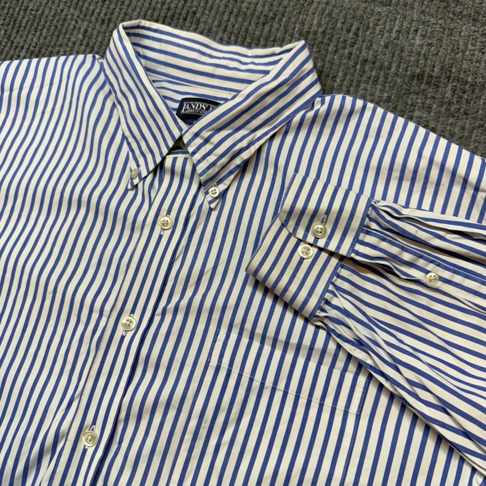 Lands End Mens 17.5 34‎ Regular Blue White Striped Oxford Button Down Shirt